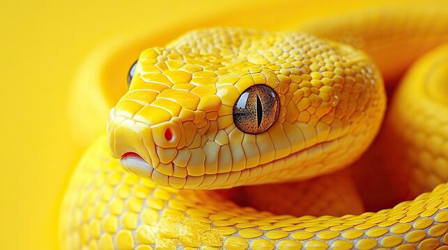 vibrant yellow snake on yellow background banner symbolizing the python programming language with ample copy space for text.image