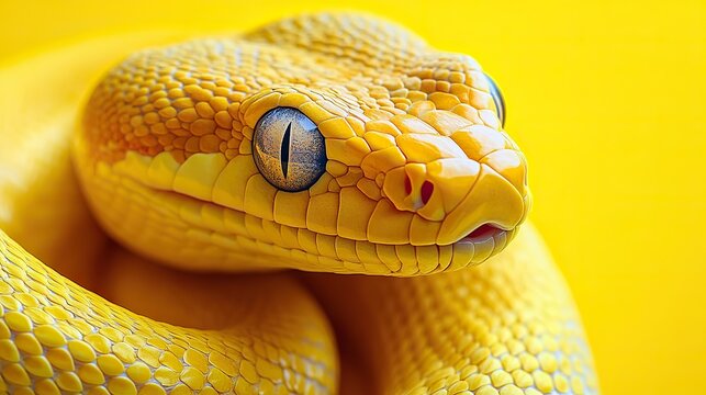 vibrant yellow snake on yellow background banner symbolizing the python programming language with ample copy space for text.stock image