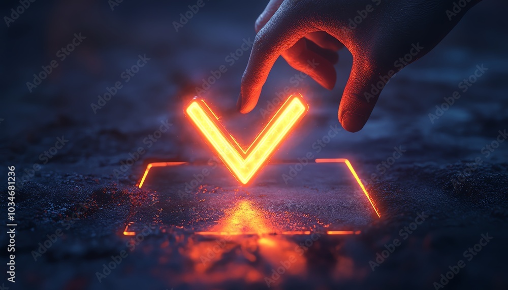 Poster dynamic 3d image of a hand reaching for a check mark icon, glowing vividly against a muted dark back