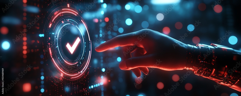 Leinwandbilder futuristic 3d rendering of a hand pointing at a check mark icon, set against a sleek dark background