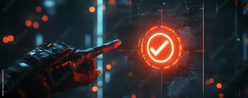 Leinwandbilder futuristic 3d rendering of a hand pointing at a check mark icon, set against a sleek dark background