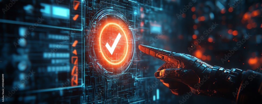 Leinwandbilder futuristic 3d rendering of a hand pointing at a check mark icon, set against a sleek dark background