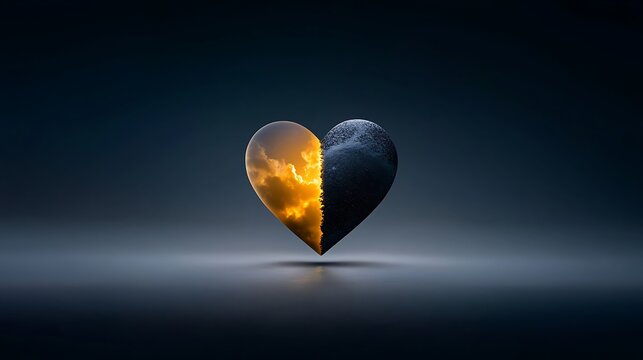 A close-up shot of a heart, half illuminated with golden light symbolizing kindness and compassion, and half shrouded in darkness representing guilt and regret. This image captures the essence 