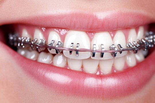 A set of braces on teeth, showing how they correct the alignment between the mandible and maxilla