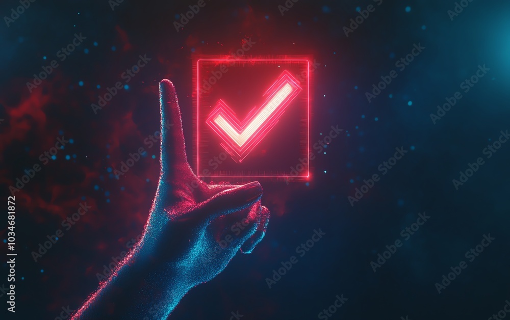 Poster stylized hand gesture pointing at a check mark icon in a deep black background, 3d rendering with a 