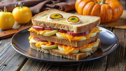 Spooky Halloween monster sandwich with sliced sausage, eggs, and cheese on a plate, Halloween, themed, monster, sandwich