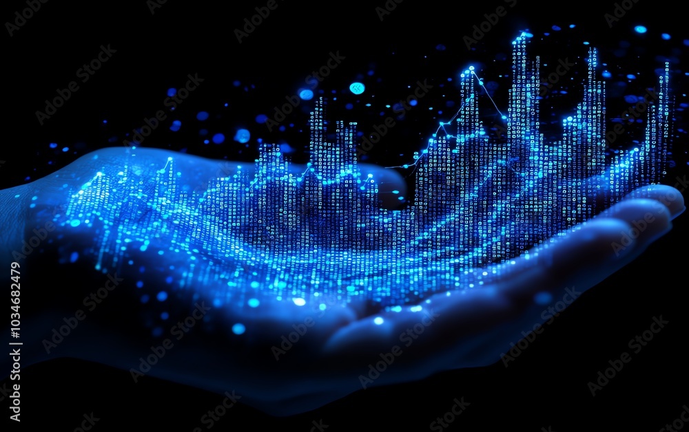 Poster artistic depiction of a hand holding a dynamic rising financial chart with numbers, illustrating the