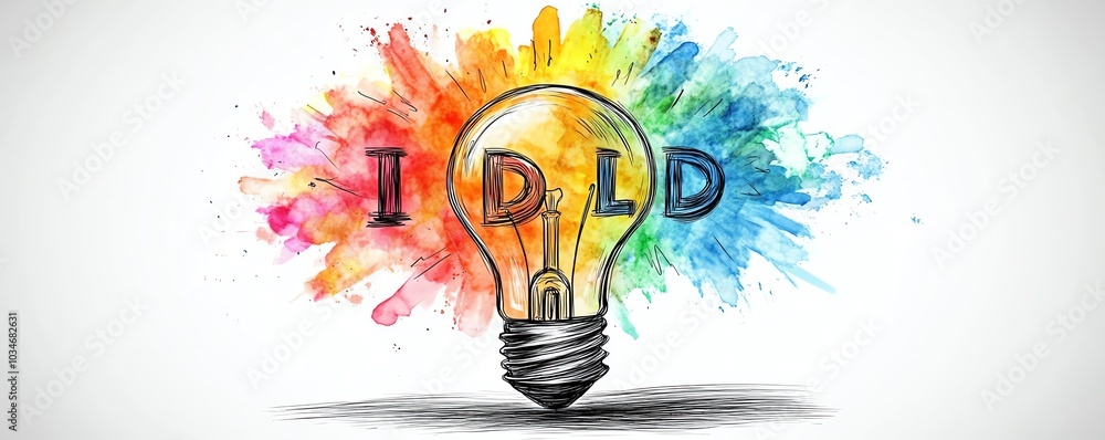 Poster artistic design of a light bulb featuring a bright filament that spells idea, set against a stark wh