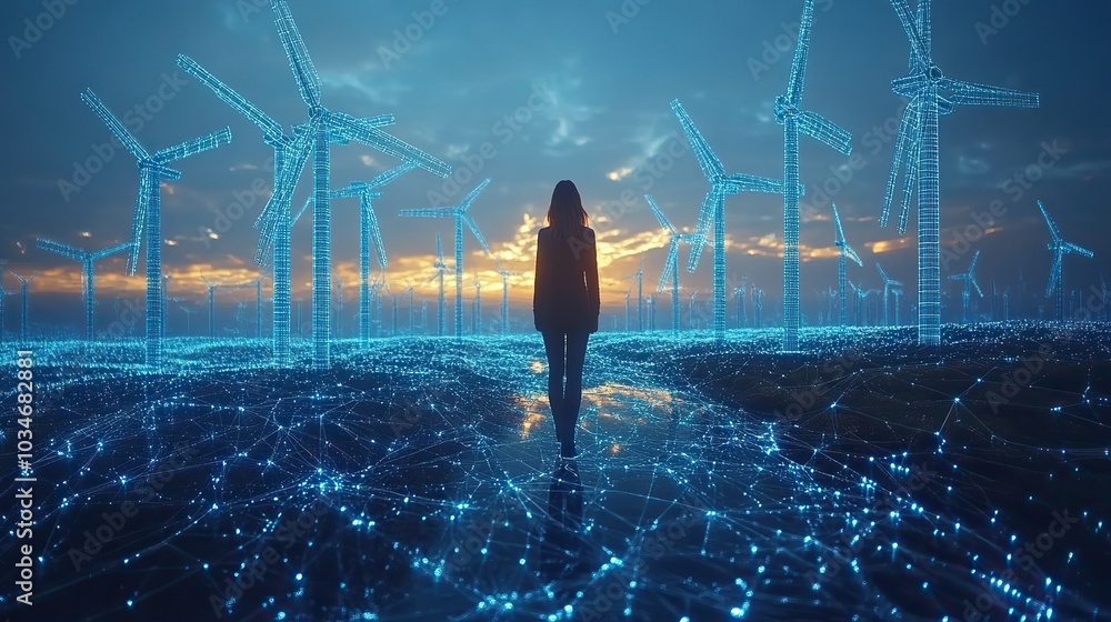 Poster wireframe of wind turbines showcasing advanced design and performance analysis highlighted in blue t