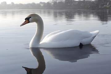 Fototapeta premium Elegant White Swan on Calm Lake Water