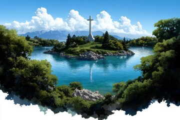 Obraz premium A soft watercolor of the Creation Museum gardens, blending greens and blues