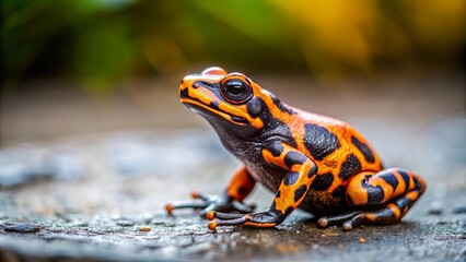 Fototapeta premium A Vibrant Amphibian with Striking Black, Orange, and Red Markings on a Rough, Natural Surface