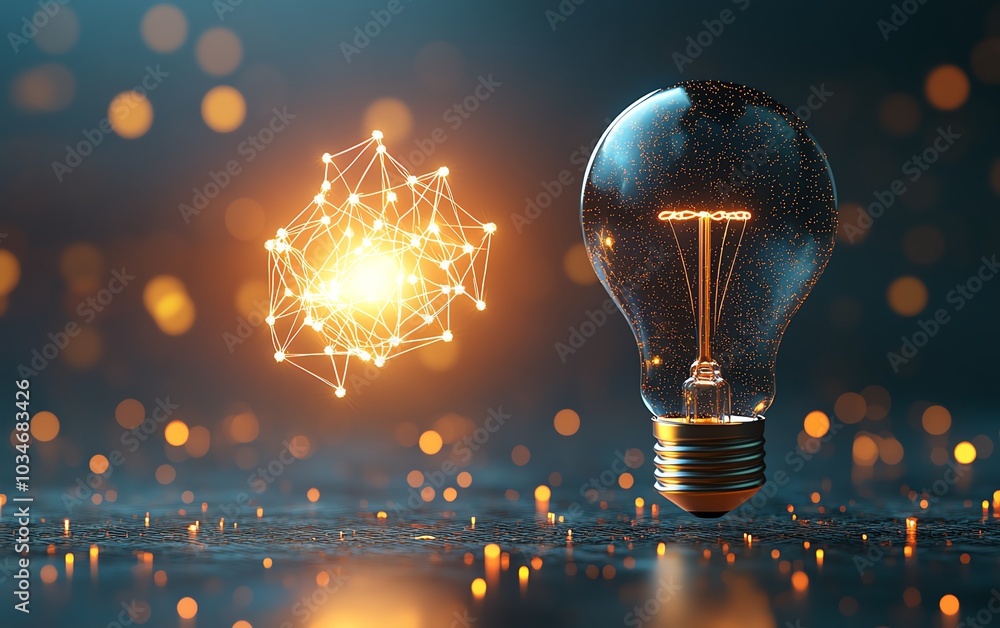 Fototapete elegant 3d rendering of a light bulb with a filament glowing in the shape of idea, on a minimalist w