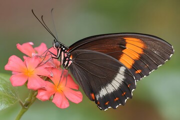 Naklejka premium Black and Orange Butterfly on Pink Flower