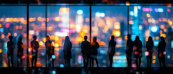 Highresolution image of business professionals  silhouettes standing in an office against a blurred city lights bokeh backdrop, emphasizing a vibrant urban environment