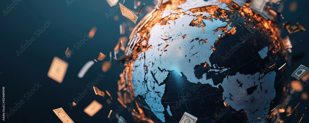 Poster a digital globe floats amidst a burst of data fragments, symbolizing the interconnection of technolo