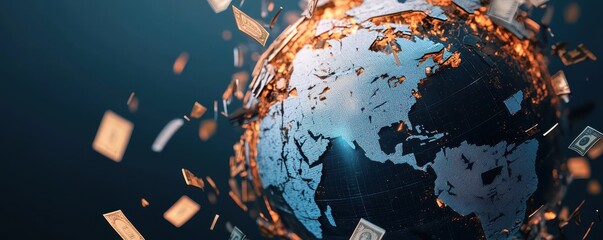 A digital globe floats amidst a burst of data fragments, symbolizing the interconnection of technology and the world.