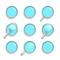 Nine Circular Buttons With Blue Fill and Silver Trim, Three With Magnifying Glass Handles