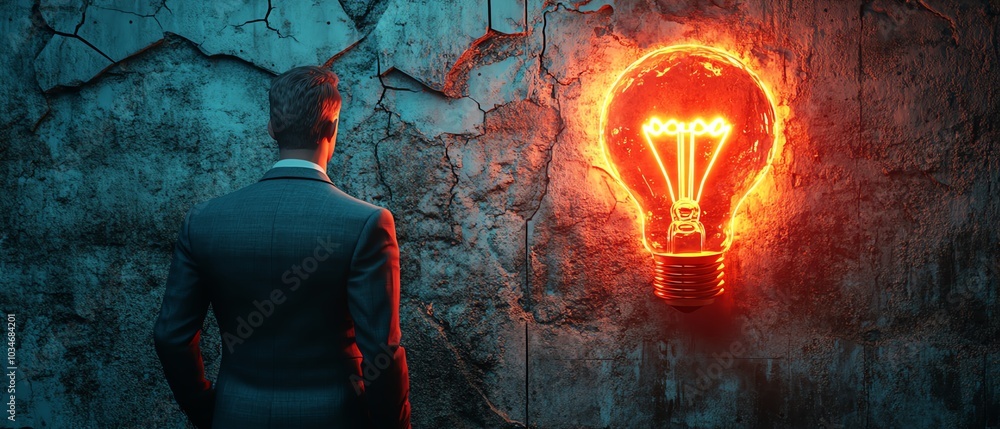 Leinwandbilder 3D rendering of a man in a suit gazing at a glowing Idea sign with a lit lightbulb, set against a textured cracked wall background, symbolizing inspiration