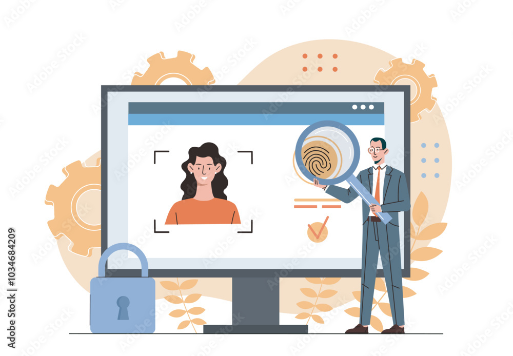 Poster man with cyber security. man in suit with magnifying glass analyzes womans biometric data. authoriza