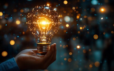 Closeup image of a man gripping a luminous lightbulb, representing ideas and creativity, highlighted by dynamic lighting and an AIinspired background