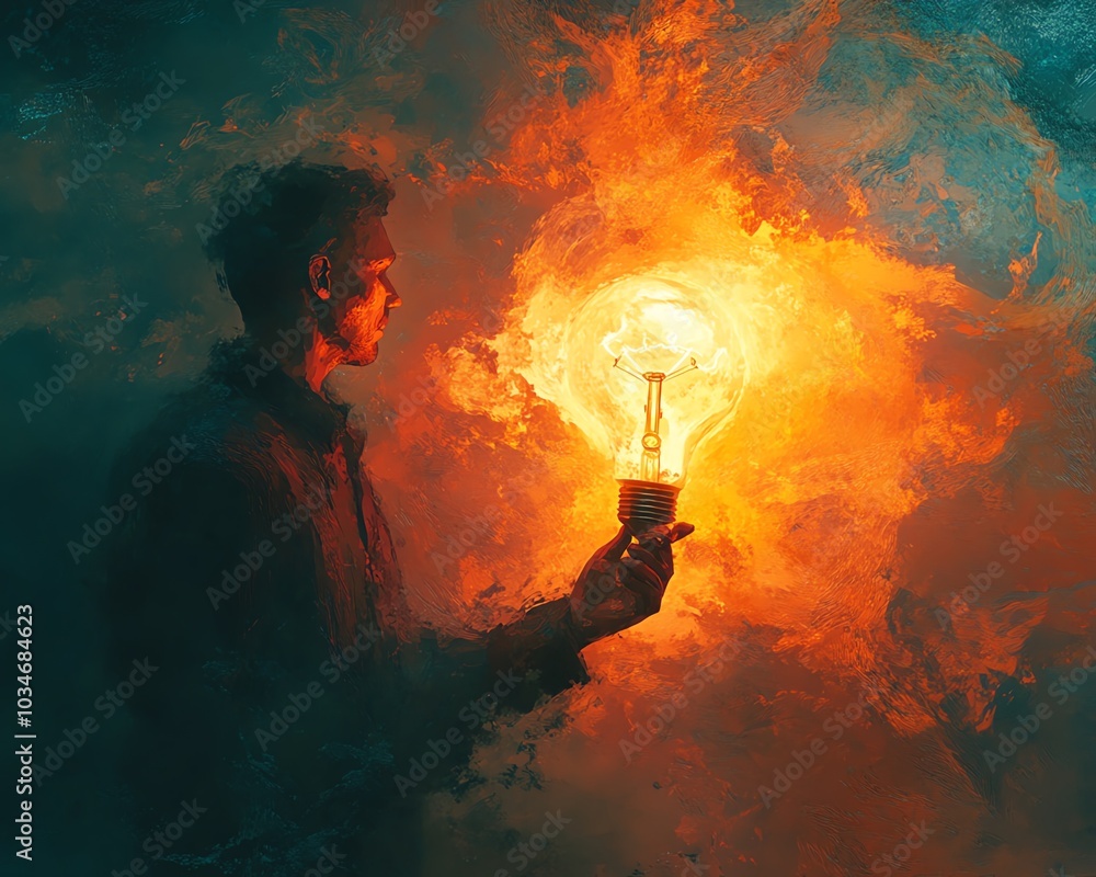 Aufkleber Creative rendering of a man holding a lightbulb radiating light, symbolizing breakthrough ideas and innovation, set within an AI generative framework