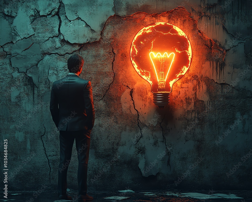 Poster elegant 3d depiction of a man in a suit contemplating a glowing idea sign with a lit lightbulb, juxt