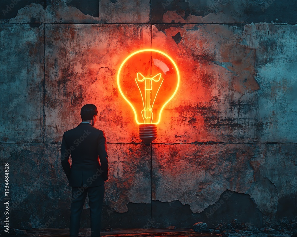 Poster elegant 3d depiction of a man in a suit contemplating a glowing idea sign with a lit lightbulb, juxt