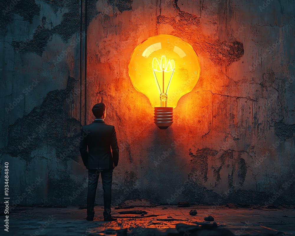 Poster elegant 3d depiction of a man in a suit contemplating a glowing idea sign with a lit lightbulb, juxt