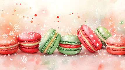 Dreamy Watercolor Painting of Macarons with Snowflakes