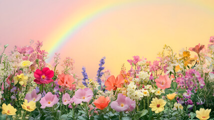 Vibrant Garden with Rainbow in Springtime