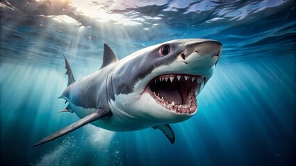 Naklejka premium A Great White Shark Rises From The Depths With Its Jaw Agaping, Sunlight Streaking Through The Water Above