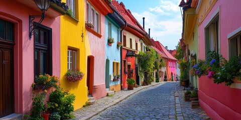 Cobblestone street with colorful houses and flowers.