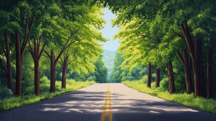 Obraz premium Oil painting depicting a vacant asphalt road lined with lush green trees