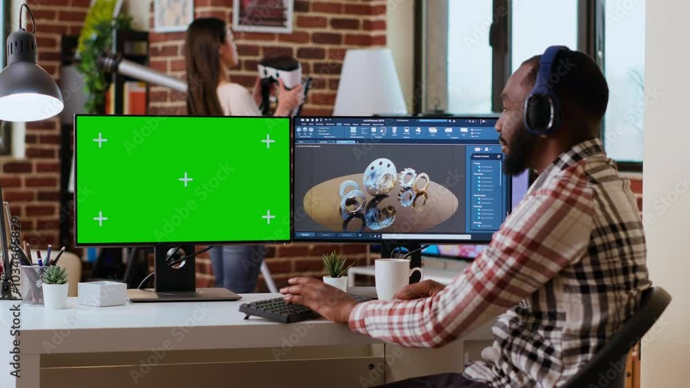 Poster software developer creates a gear prototype on dual monitors next to chroma key display, home office
