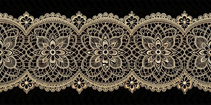 A delicate and intricate pattern of woven gold lace with floral motifs, cascading gracefully over a deep black background.