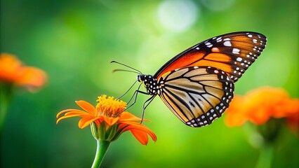 Fototapeta premium A Vibrant Butterfly With Black and Orange Wings Nectaring on a Sun-Kissed Flower in a Lush Green Garden