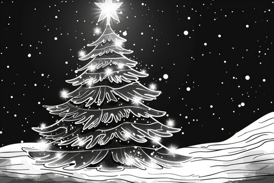 Coloring book illustration of a Christmas tree with a festive glow on a dark background Abstract winter holiday theme with space for personalization or additional designs
