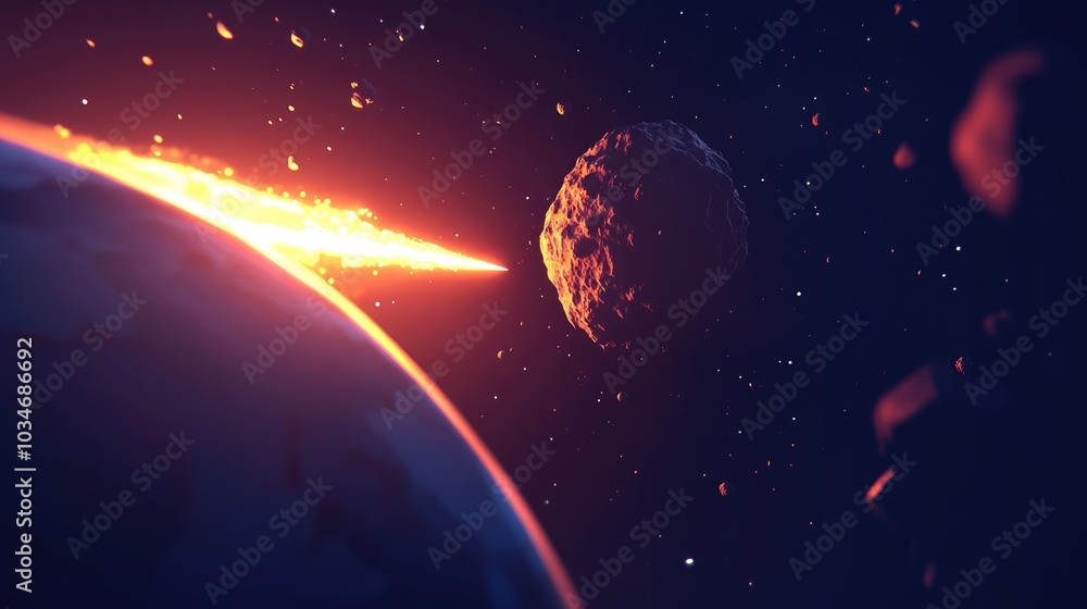 Poster 3d cartoon depiction of a comet asteroid and meteorite heading towards the planet featuring a glowin