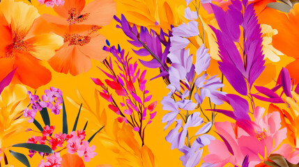 flowers print and plants print in orange pink purple magenta colored exotic seamless patchwork pattern. fashion trendy banner background for fabric textile design wallpaper