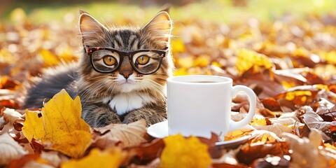 cat wearing glasses, cup of coffee, autumn 