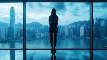 Fototapeta premium Businesswoman in Modern Office Overlooking Cityscape
