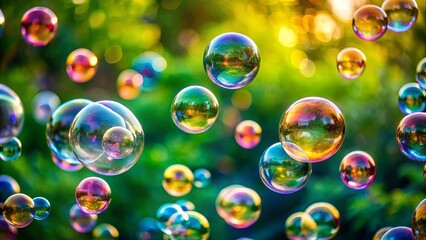 A symphony of iridescent orbs floats gently in the warm glow of sunlight, their delicate forms shimmering against a backdrop of vibrant green foliage.