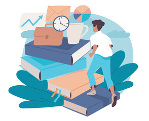 Development in profession. Man climbs up stacks of books to get to coffee, briefcase and watch. Motivation and leadership. Employee with career growth. Flat vector illustration