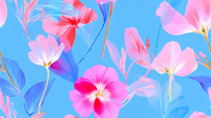 3D flowers print and plants print in magenta pink peach blue colored exotic seamless patchwork pattern. fashion trendy silk satin banner background for fabric textile design wallpaper