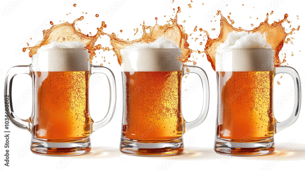 Poster beer mugs toasting with splashes on a transparent background generative ai
