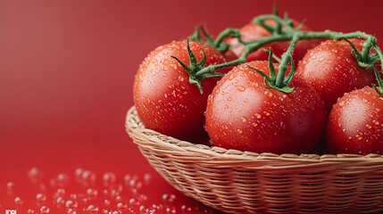 Fresh red tomatoes in a wicker basket on a red background.