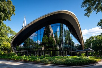 Fototapeta premium The exterior of the Creation Museum in Kentucky, with lush greenery and clear skies reflecting on its modern glass facade