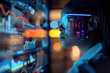 Holographic financial advisor with a digital screen showing investment portfolios and financial forecasts, symbolizing AI-driven personal finance