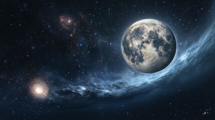 Naklejka premium A starry sky with a large moon and a galaxy.